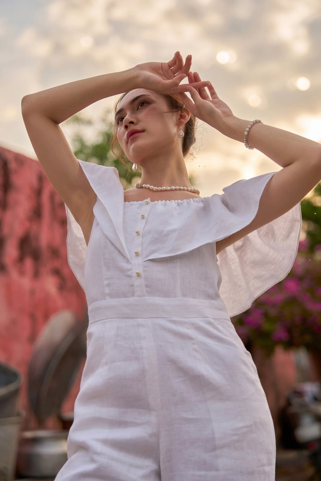 Đồ bay bộ áo liền quần jumpsuit linen trắng thời trang Hity