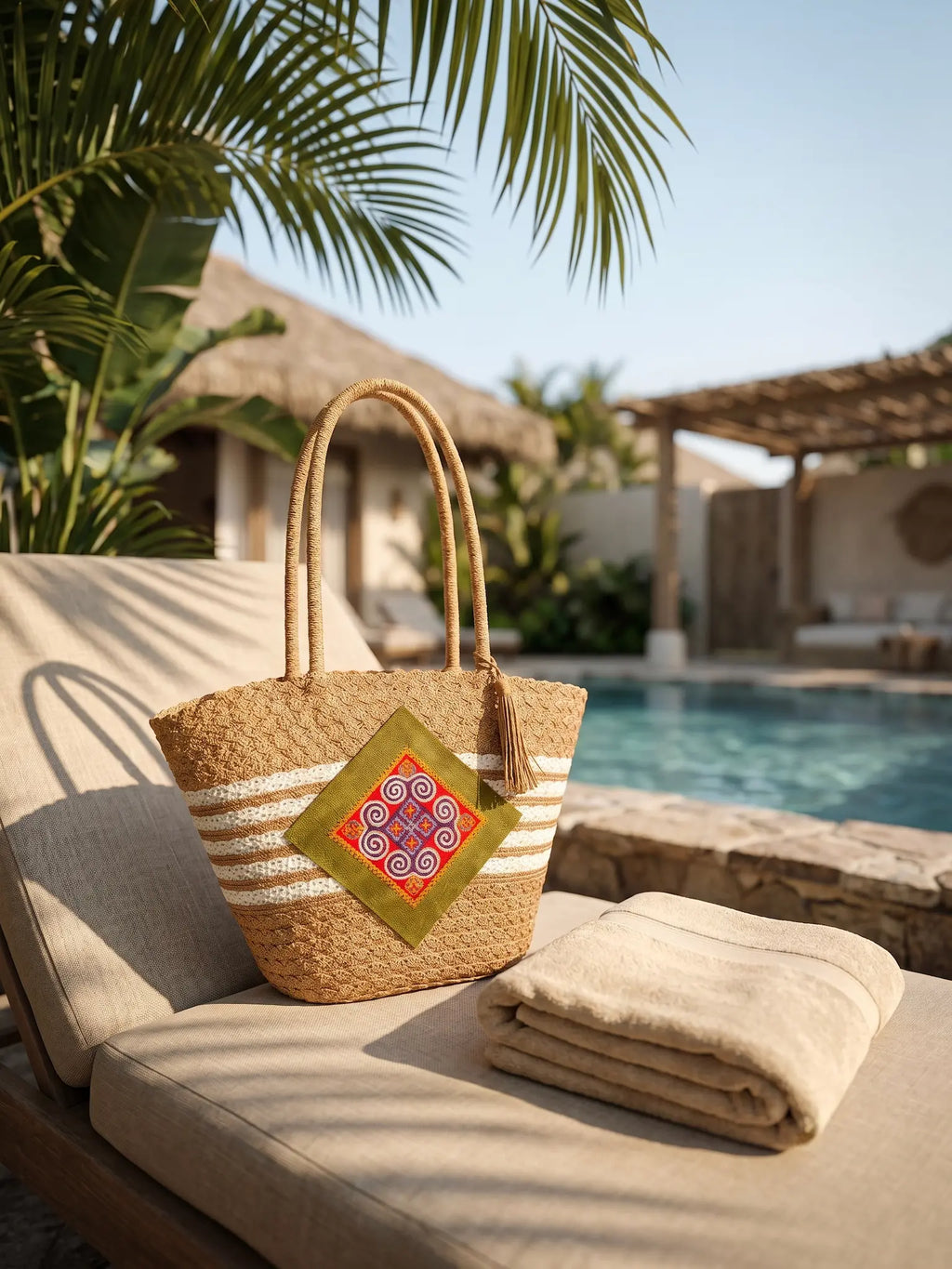 Giỏ tote cói trang trí thổ cẩm thời trang Hity