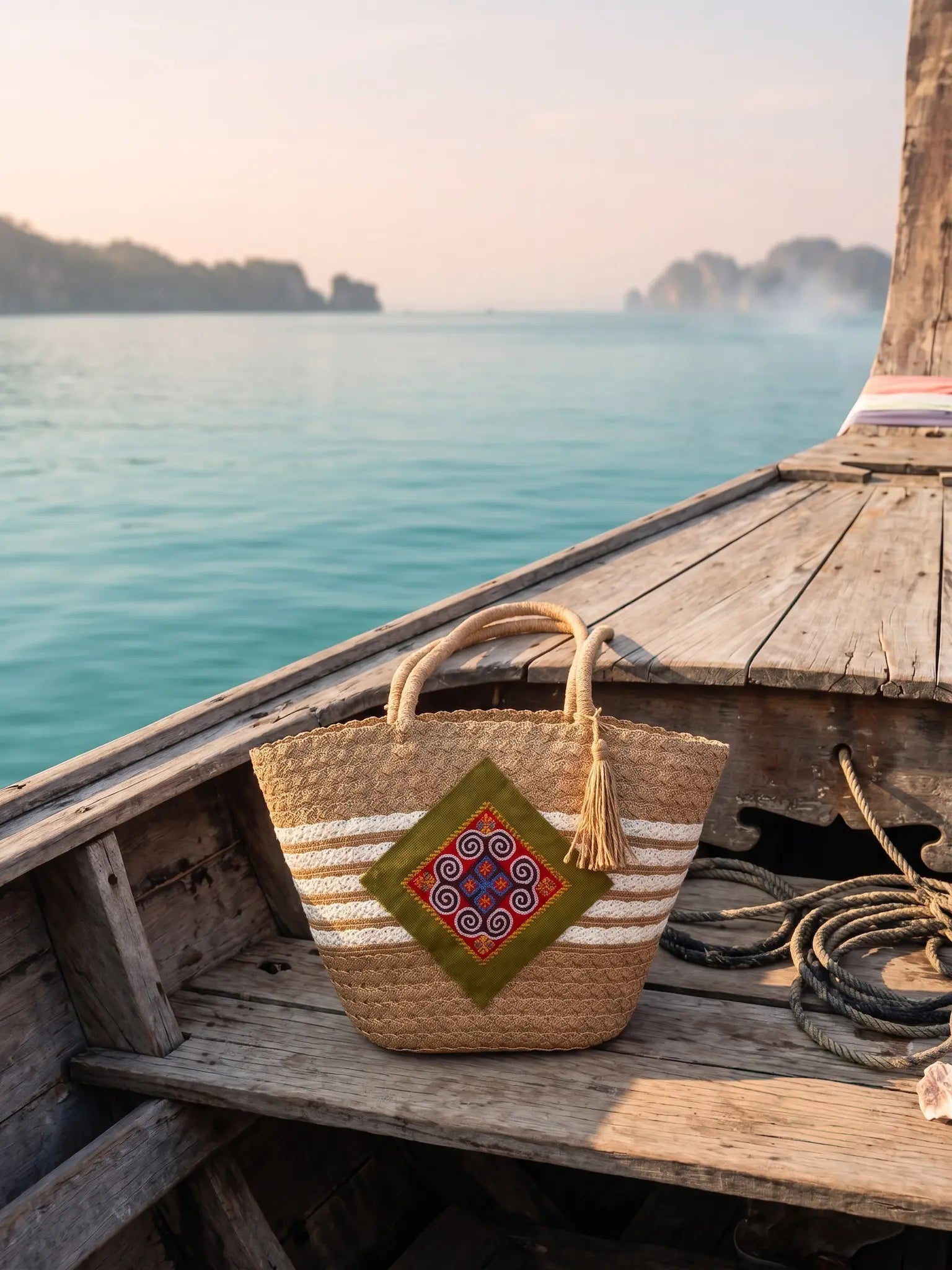 Giỏ tote cói trang trí thổ cẩm thời trang Hity
