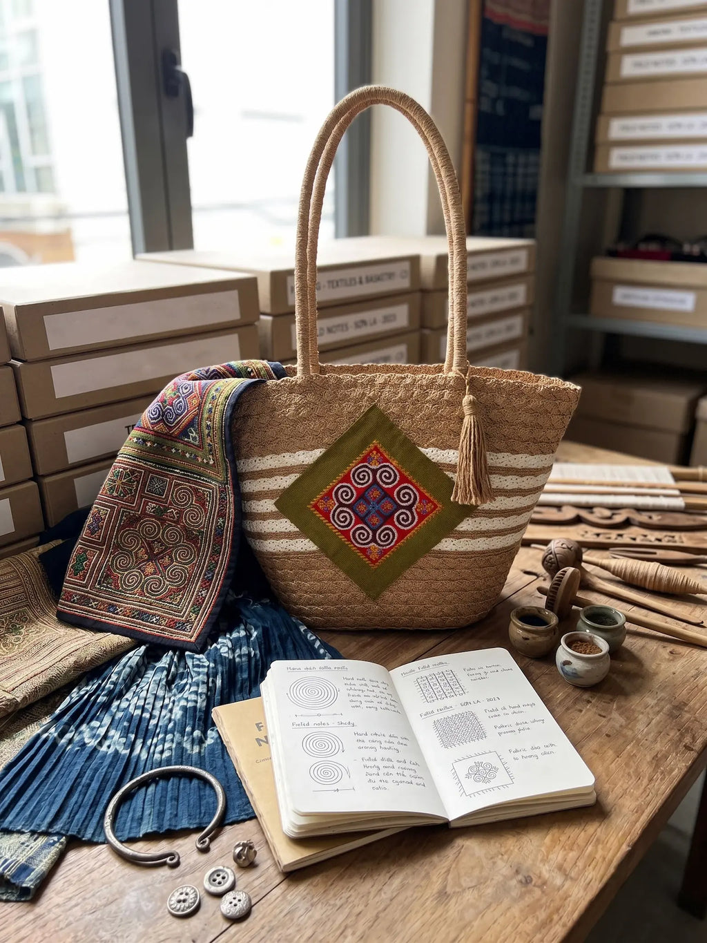 Giỏ tote cói trang trí thổ cẩm thời trang Hity