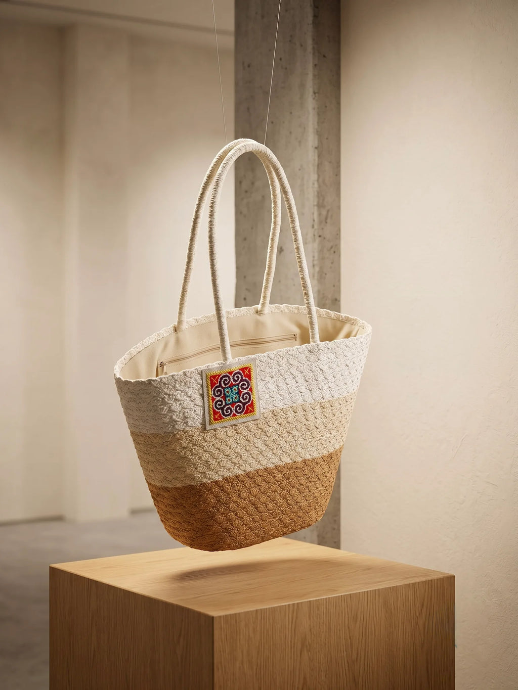 Giỏ cói dáng tote phối thổ cẩm Hmong thời trang Hity