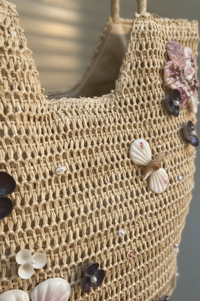 Giỏ cói giấy dáng tote mềm trang trí vỏ sò ốc thời trang Hity