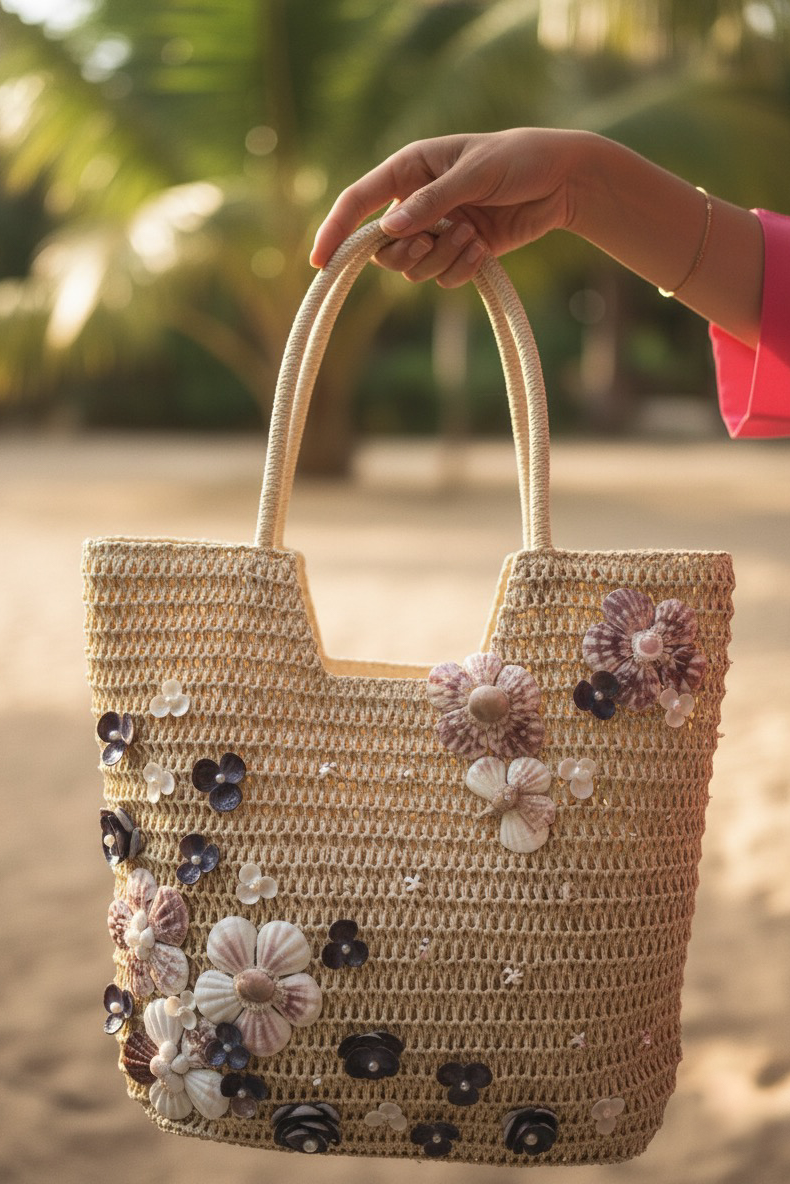 Giỏ cói giấy dáng tote mềm trang trí vỏ sò ốc thời trang Hity