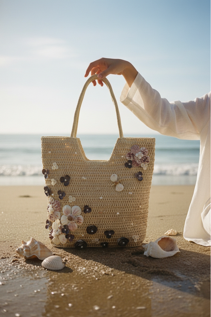 Giỏ cói giấy dáng tote mềm trang trí vỏ sò ốc thời trang Hity