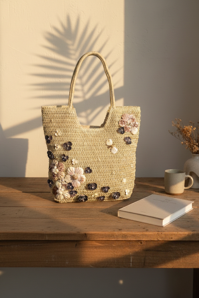 Giỏ cói giấy dáng tote mềm trang trí vỏ sò ốc thời trang Hity
