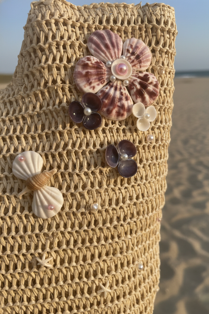 Giỏ cói giấy dáng tote mềm trang trí vỏ sò ốc thời trang Hity