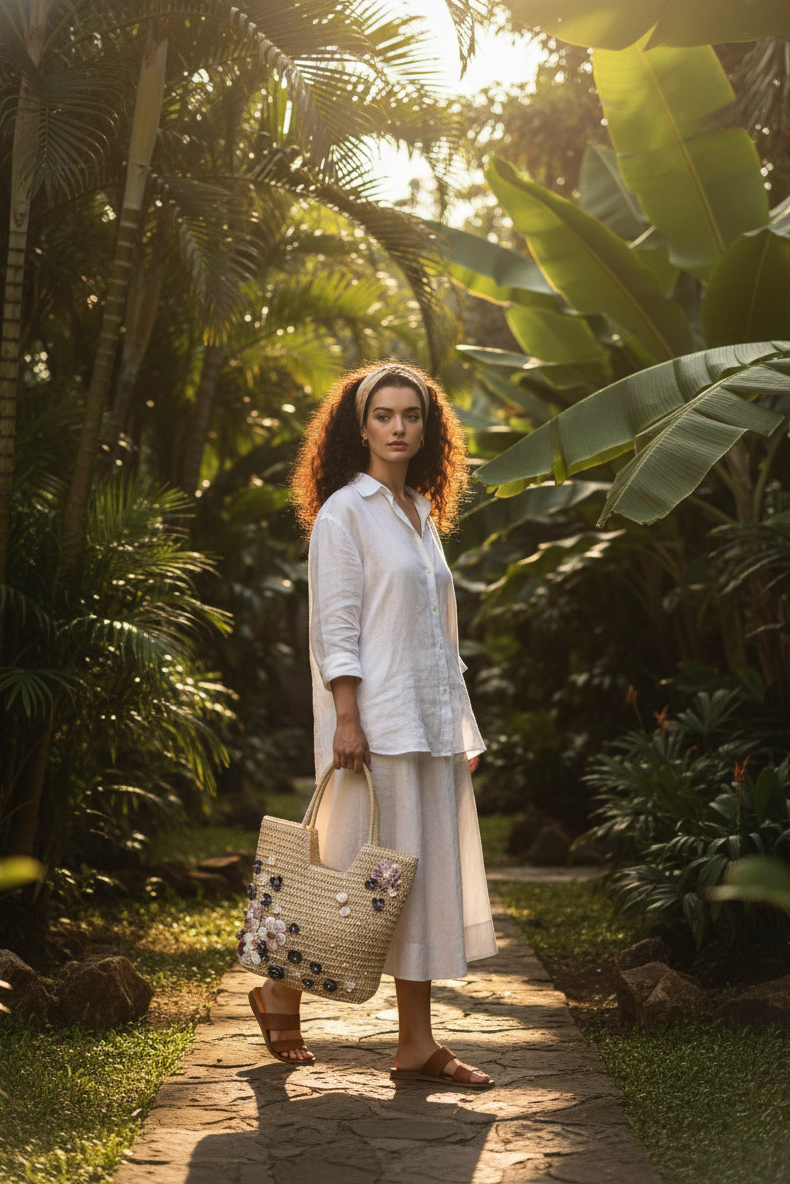 Giỏ cói giấy dáng tote mềm trang trí vỏ sò ốc thời trang Hity