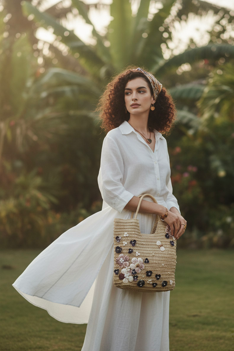 Giỏ cói giấy dáng tote mềm trang trí vỏ sò ốc thời trang Hity