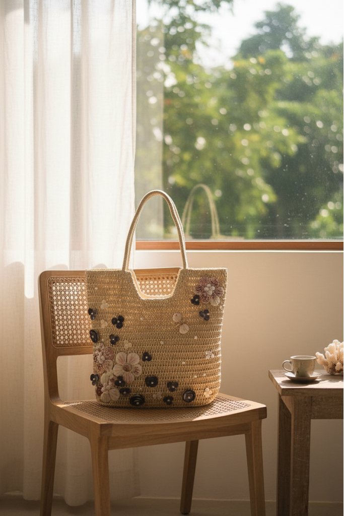 Giỏ cói giấy dáng tote mềm trang trí vỏ sò ốc thời trang Hity