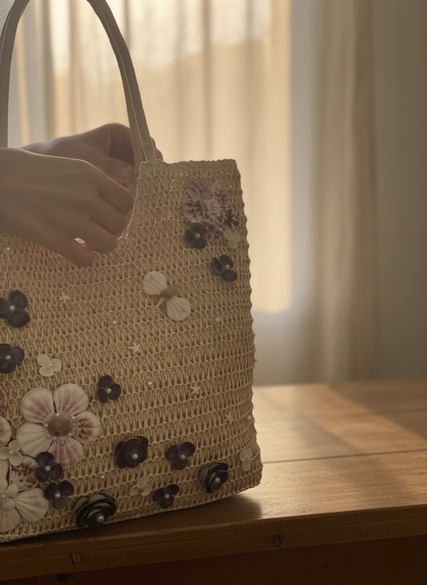 Giỏ cói giấy dáng tote mềm trang trí vỏ sò ốc thời trang Hity