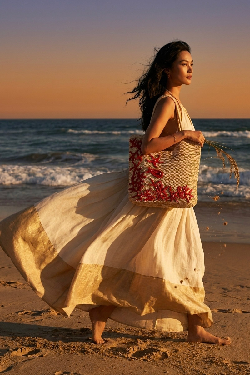 Giỏ cói giấy dáng tote mềm trang trí vỏ sò ốc thời trang Hity