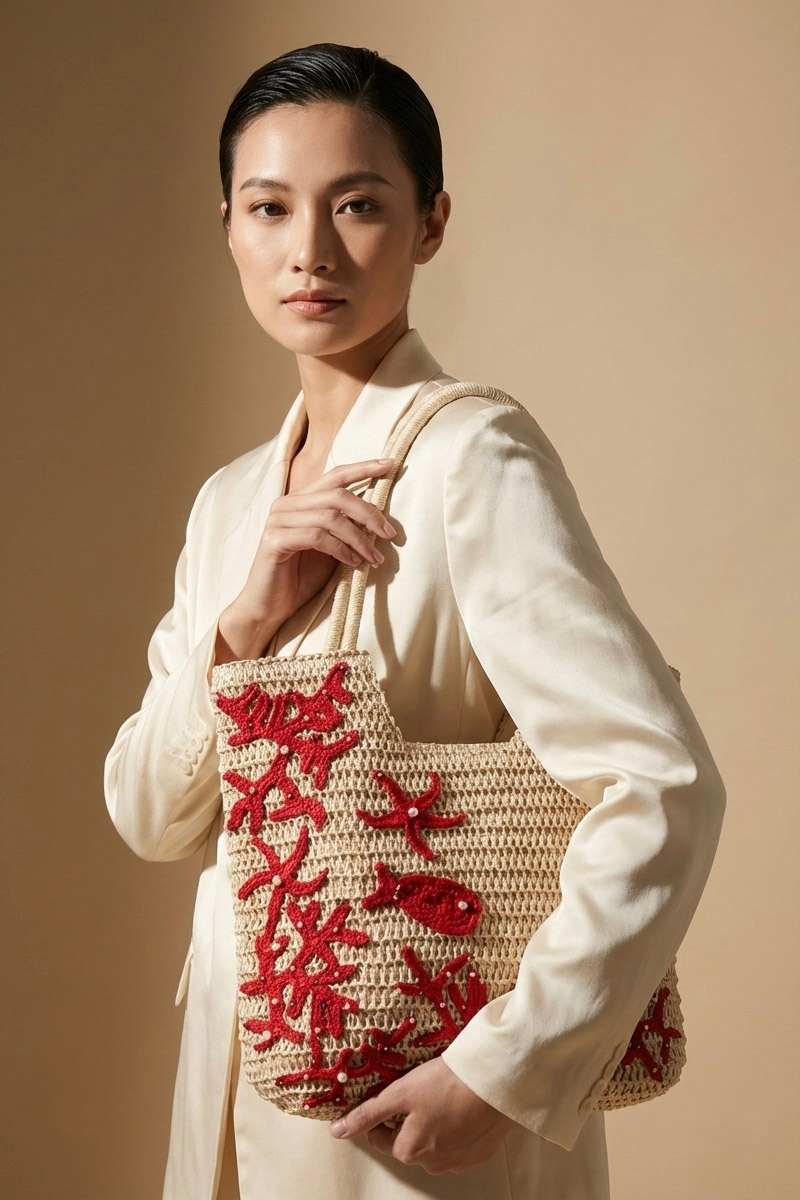 Giỏ cói giấy dáng tote mềm trang trí vỏ sò ốc thời trang Hity