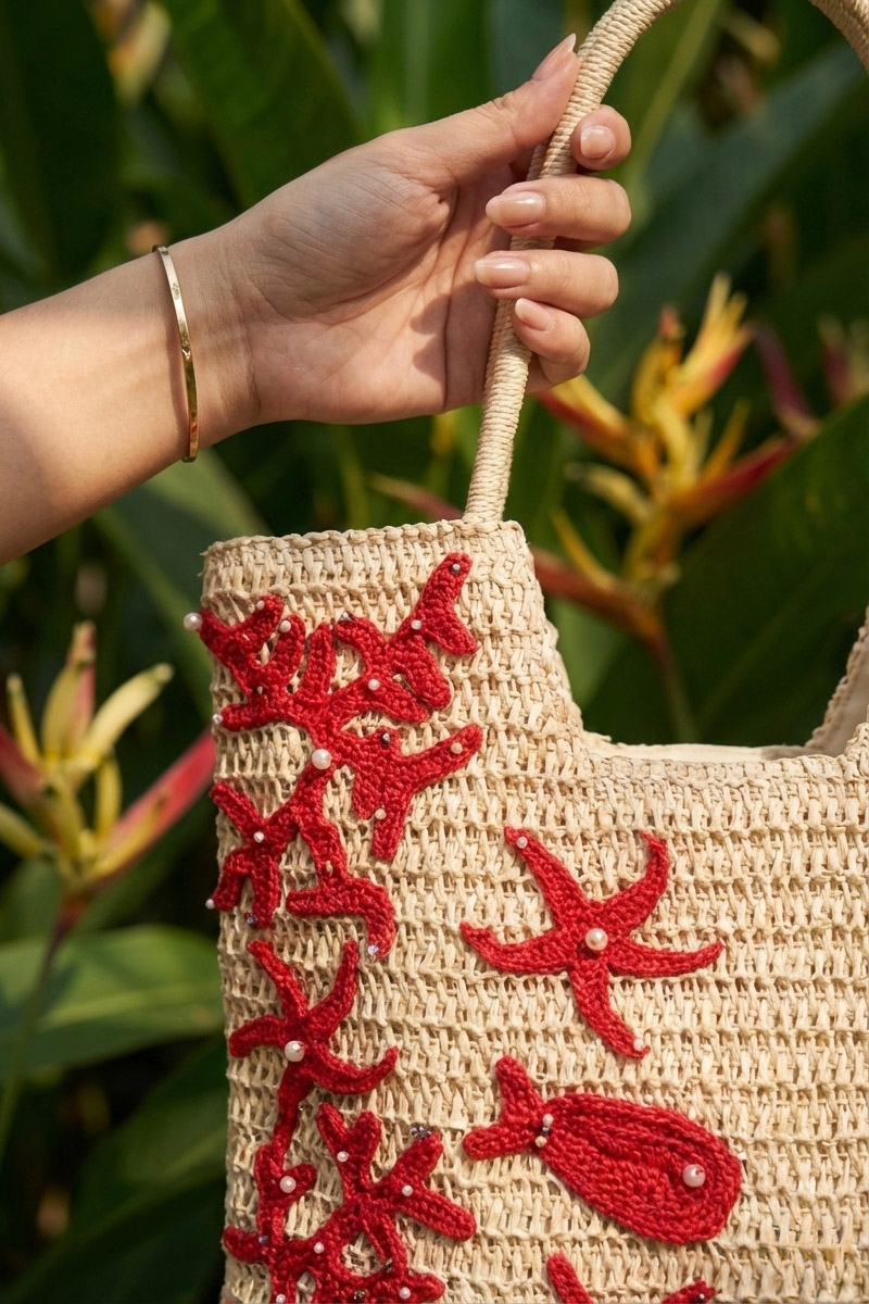 Giỏ cói giấy dáng tote mềm trang trí vỏ sò ốc thời trang Hity