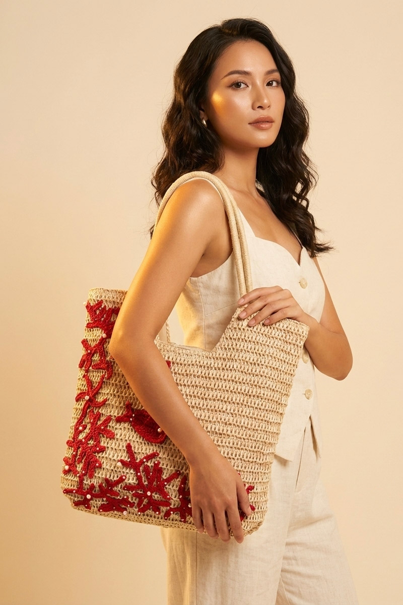 Giỏ cói giấy dáng tote mềm trang trí vỏ sò ốc thời trang Hity