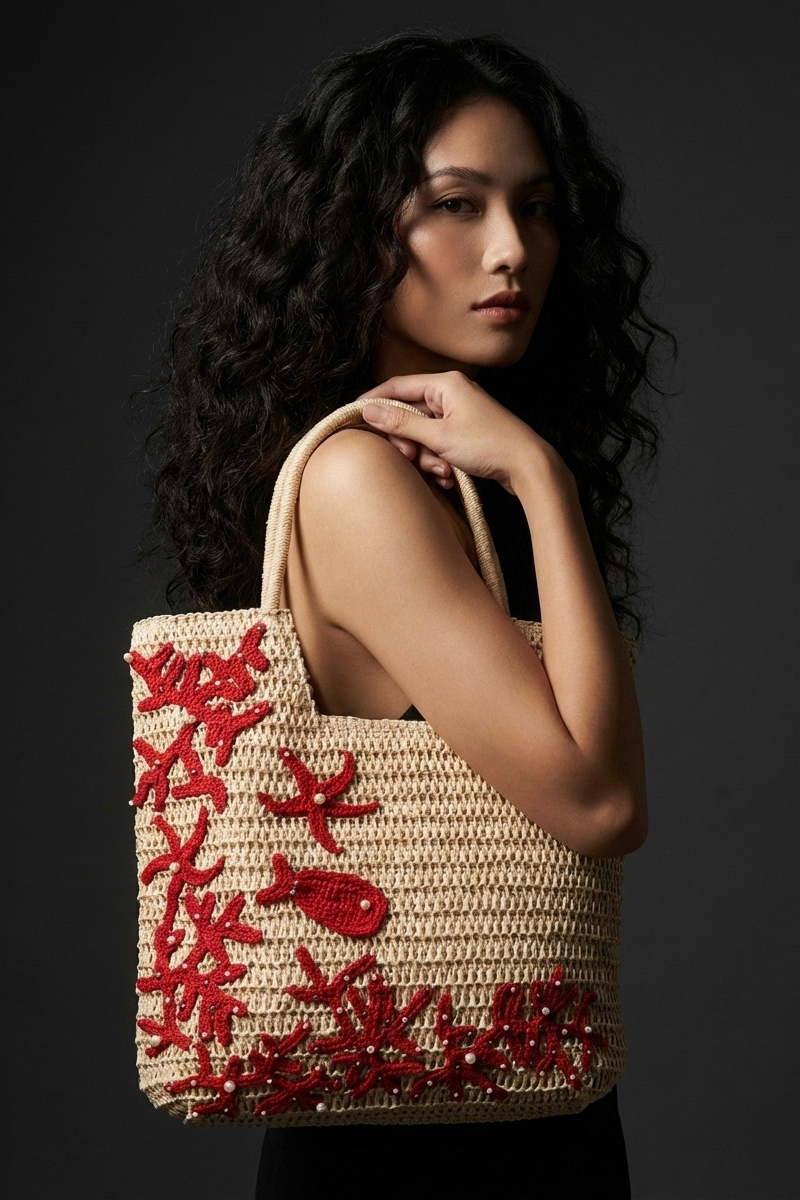 Giỏ cói giấy dáng tote mềm trang trí vỏ sò ốc thời trang Hity