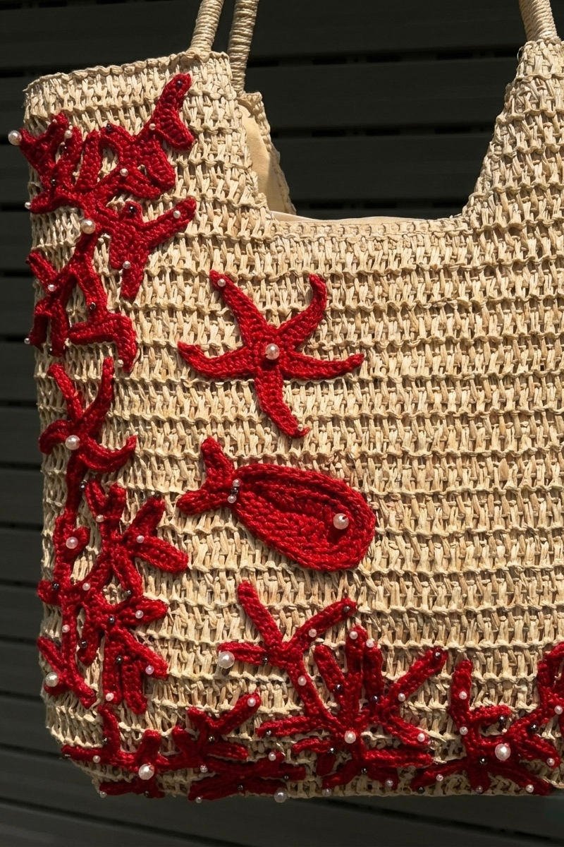 Giỏ cói giấy dáng tote mềm trang trí vỏ sò ốc thời trang Hity