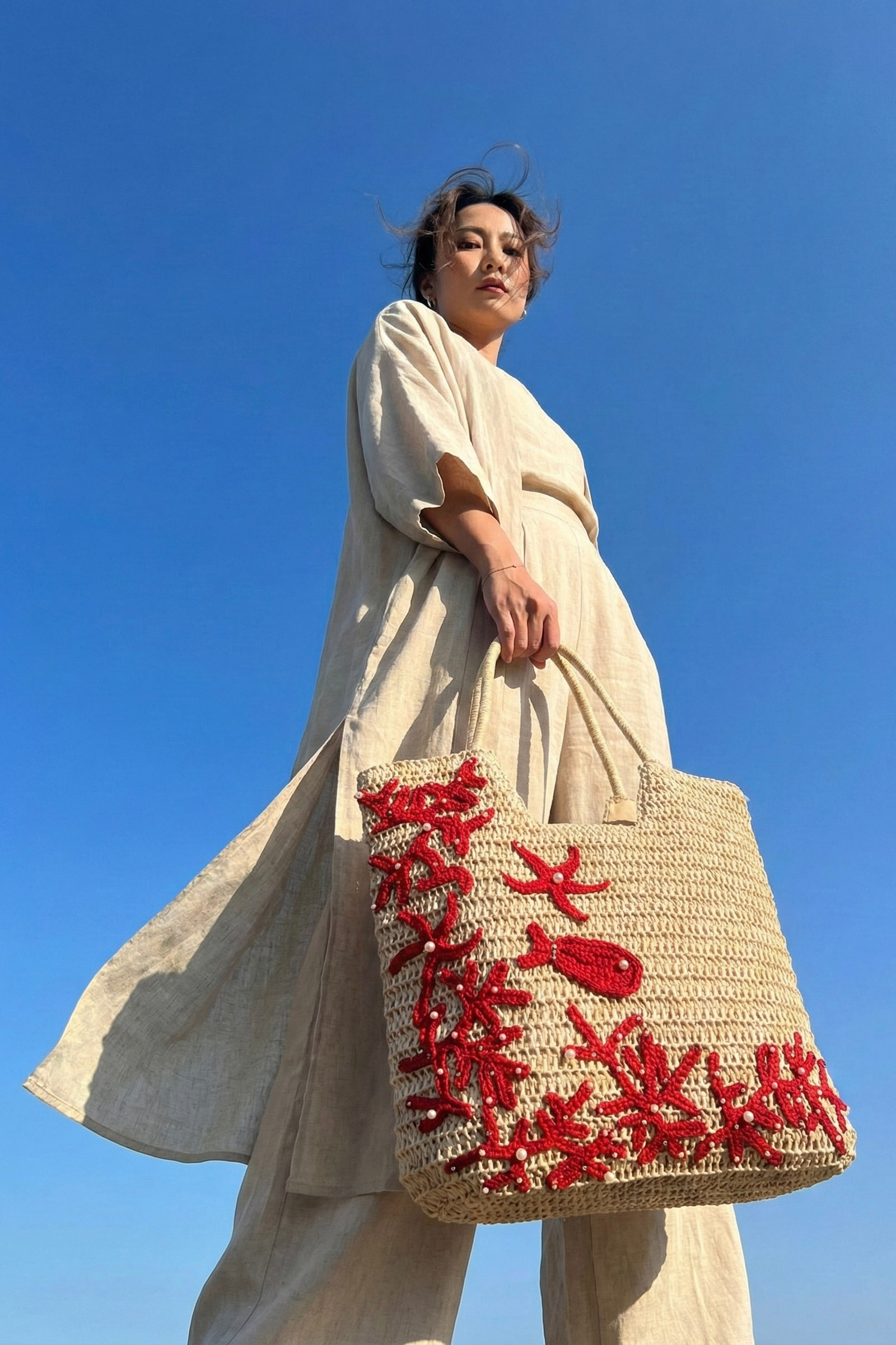 Giỏ cói giấy dáng tote mềm trang trí vỏ sò ốc thời trang Hity