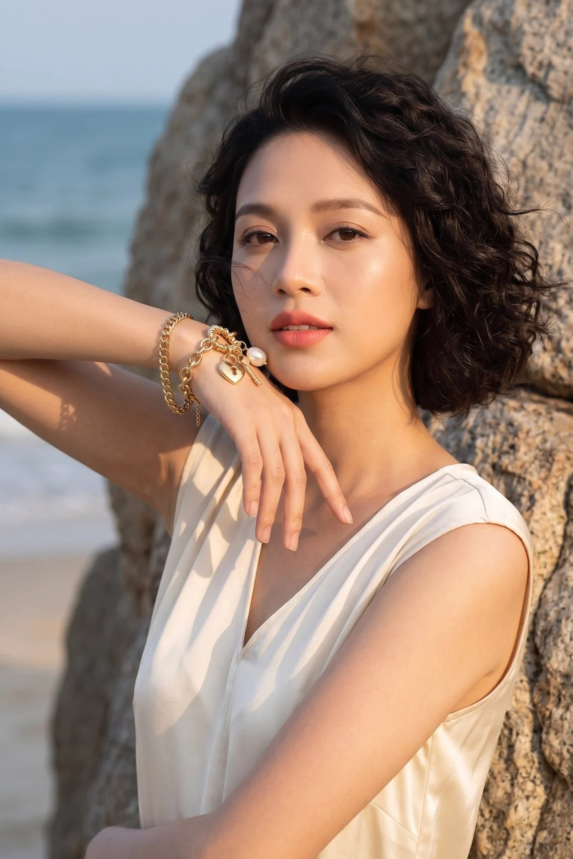 Lắc tay xích đôi đính charm ngọc trai thô baroque thời trang Hity