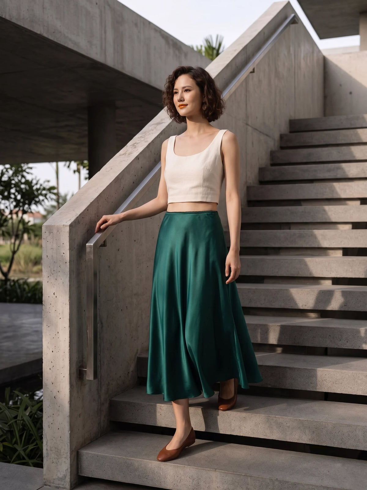 Chân váy lụa tơ tằm satin xanh emerald Bảo Lộc thời trang Hity