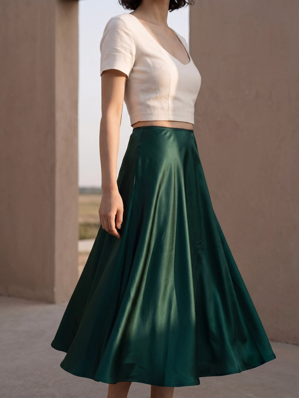 Chân váy lụa tơ tằm satin xanh emerald Bảo Lộc thời trang Hity