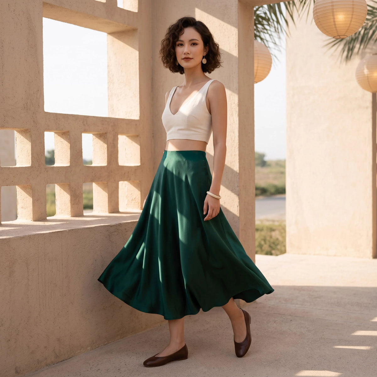 Chân váy lụa tơ tằm satin xanh emerald Bảo Lộc thời trang Hity