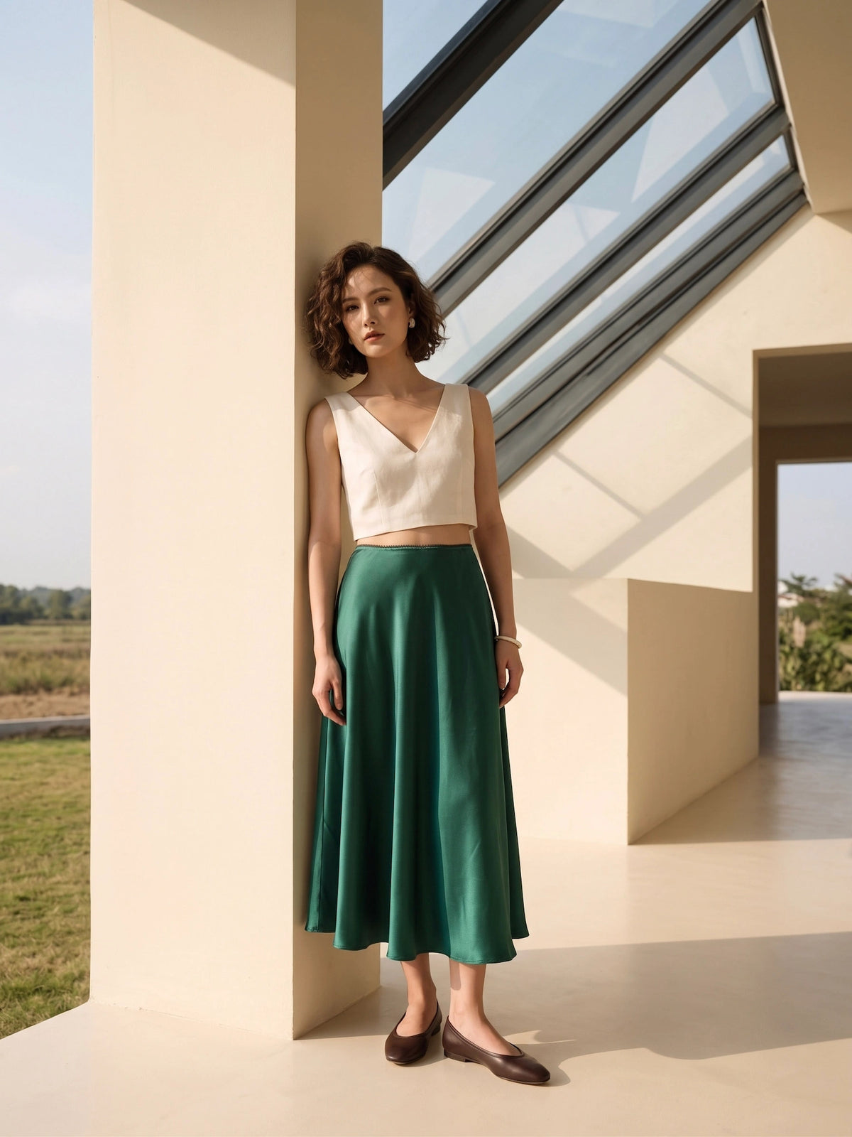 Chân váy lụa tơ tằm satin xanh emerald Bảo Lộc thời trang Hity