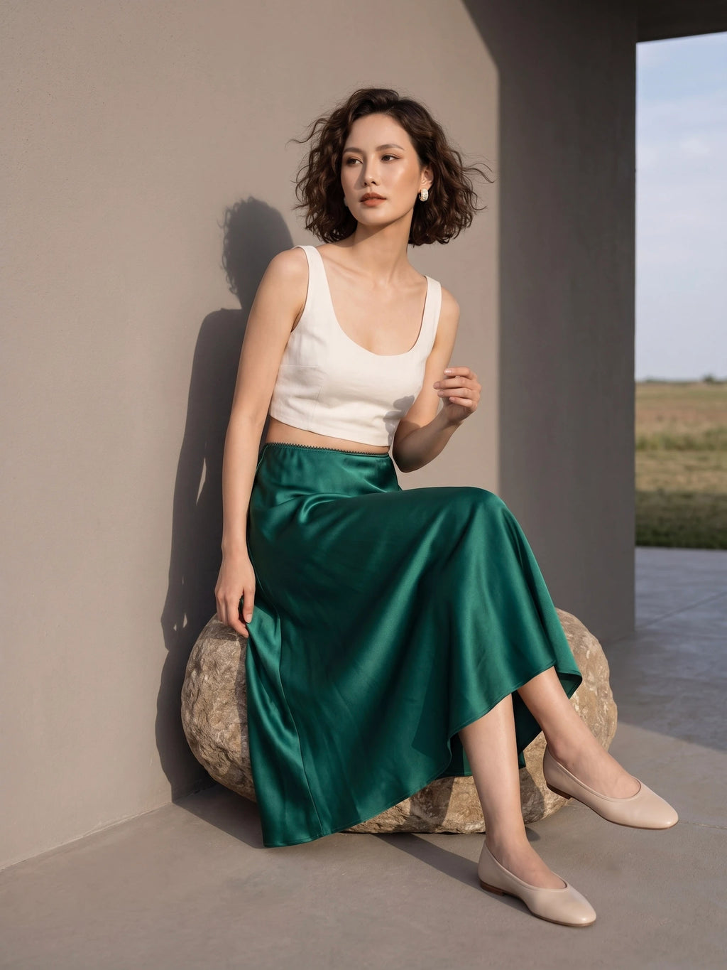 Chân váy lụa tơ tằm satin xanh emerald Bảo Lộc thời trang Hity