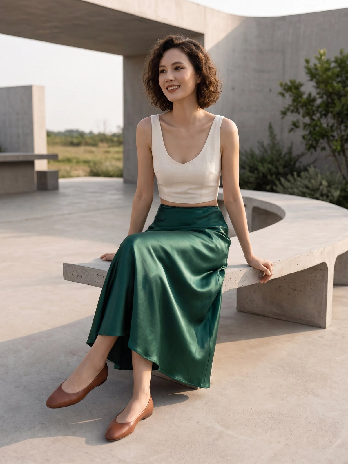 Chân váy lụa tơ tằm satin xanh emerald Bảo Lộc thời trang Hity