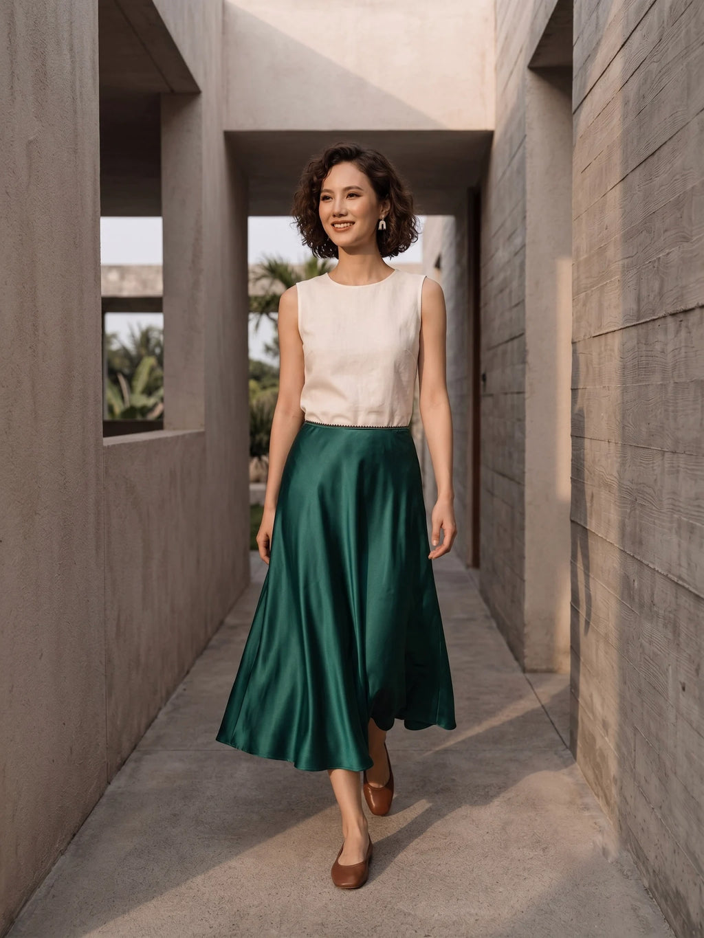 Chân váy lụa tơ tằm satin xanh emerald Bảo Lộc thời trang Hity