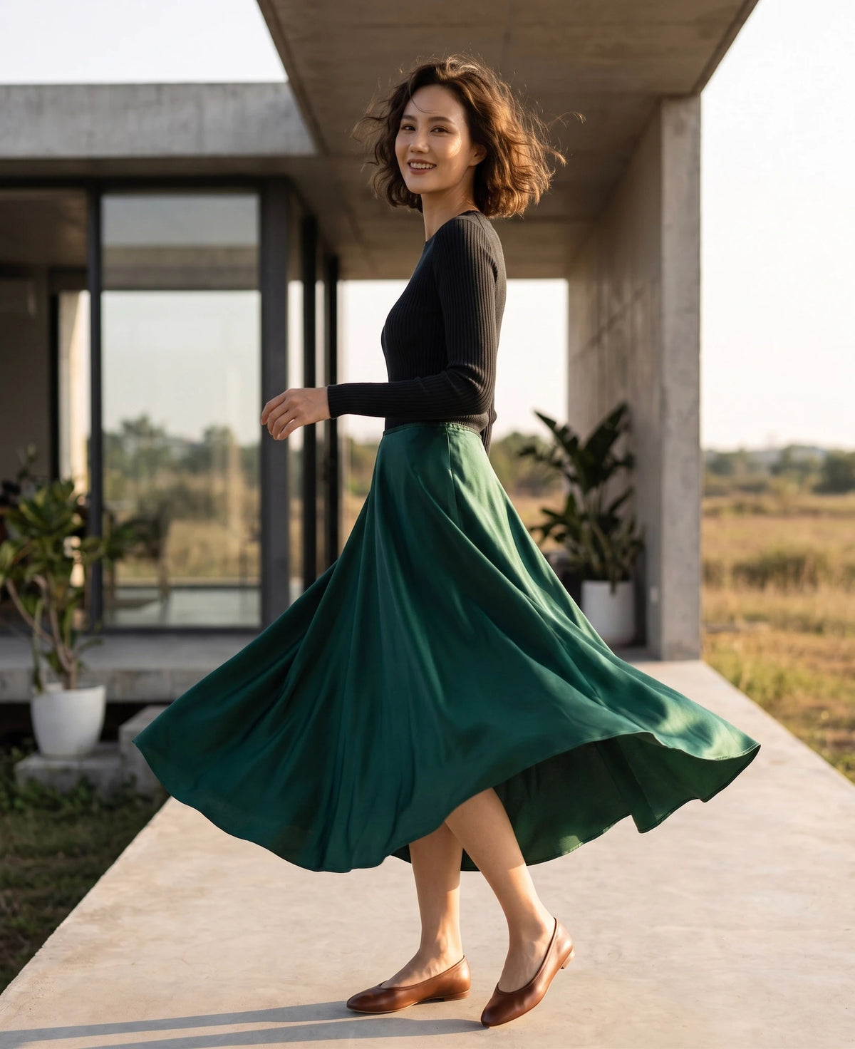Chân váy lụa tơ tằm satin xanh emerald Bảo Lộc thời trang Hity