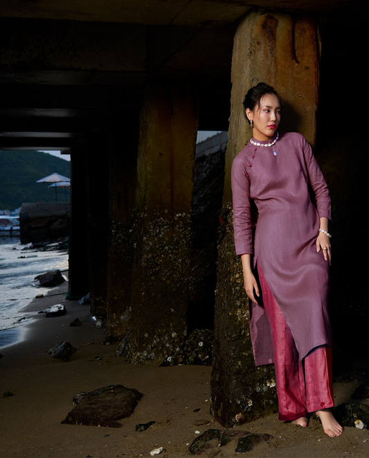 Áo dài raglan dáng suông rộng cổ điển vintage linen vải lanh tím | Thời trang bền vững Hity