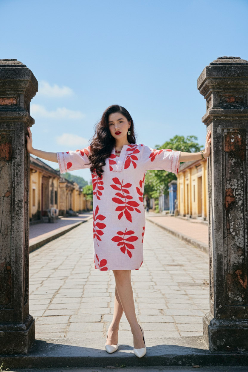 Đầm suông linen lá đỏ thêu lắc tay thời trang Hity