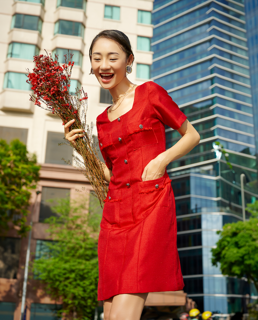 Đầm Cổ Vuông Tweed Lộc DRE190