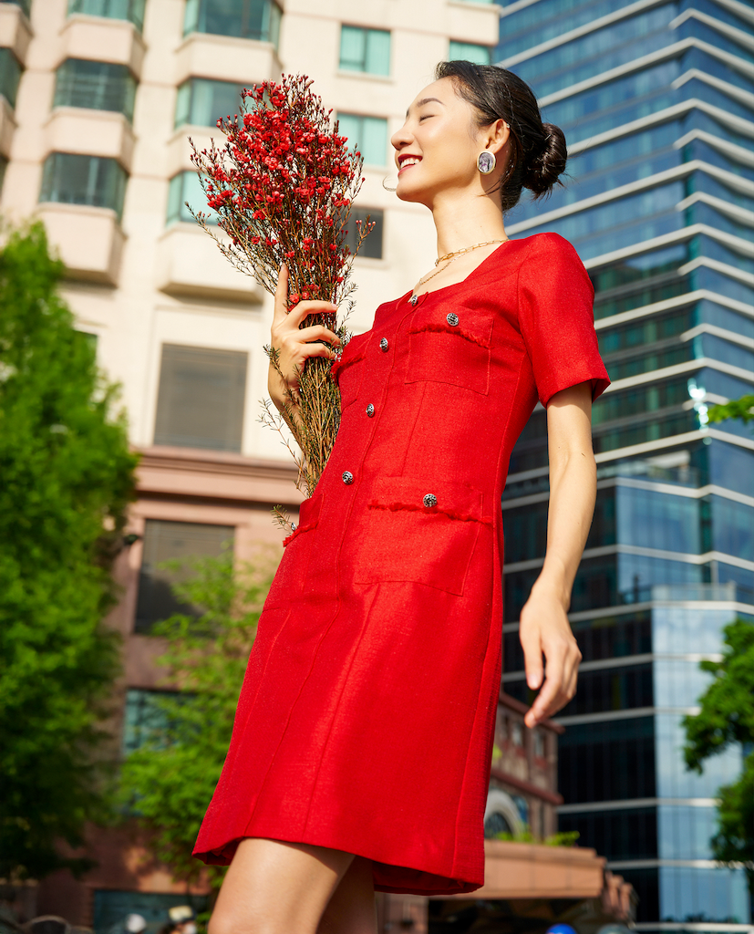 Đầm Cổ Vuông Tweed Lộc DRE190