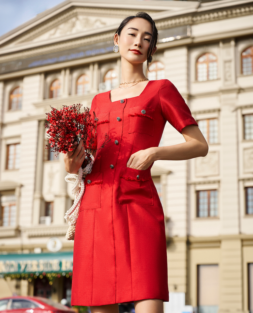 Đầm Cổ Vuông Tweed Lộc DRE190