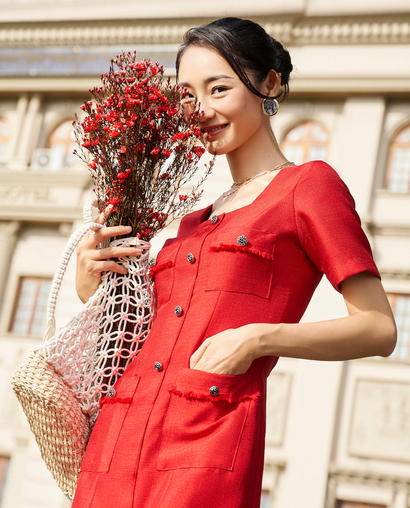 Đầm Cổ Vuông Tweed Lộc DRE190