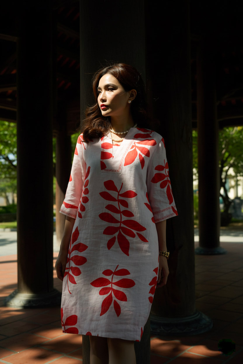 Đầm suông linen lá đỏ thêu lắc tay thời trang Hity