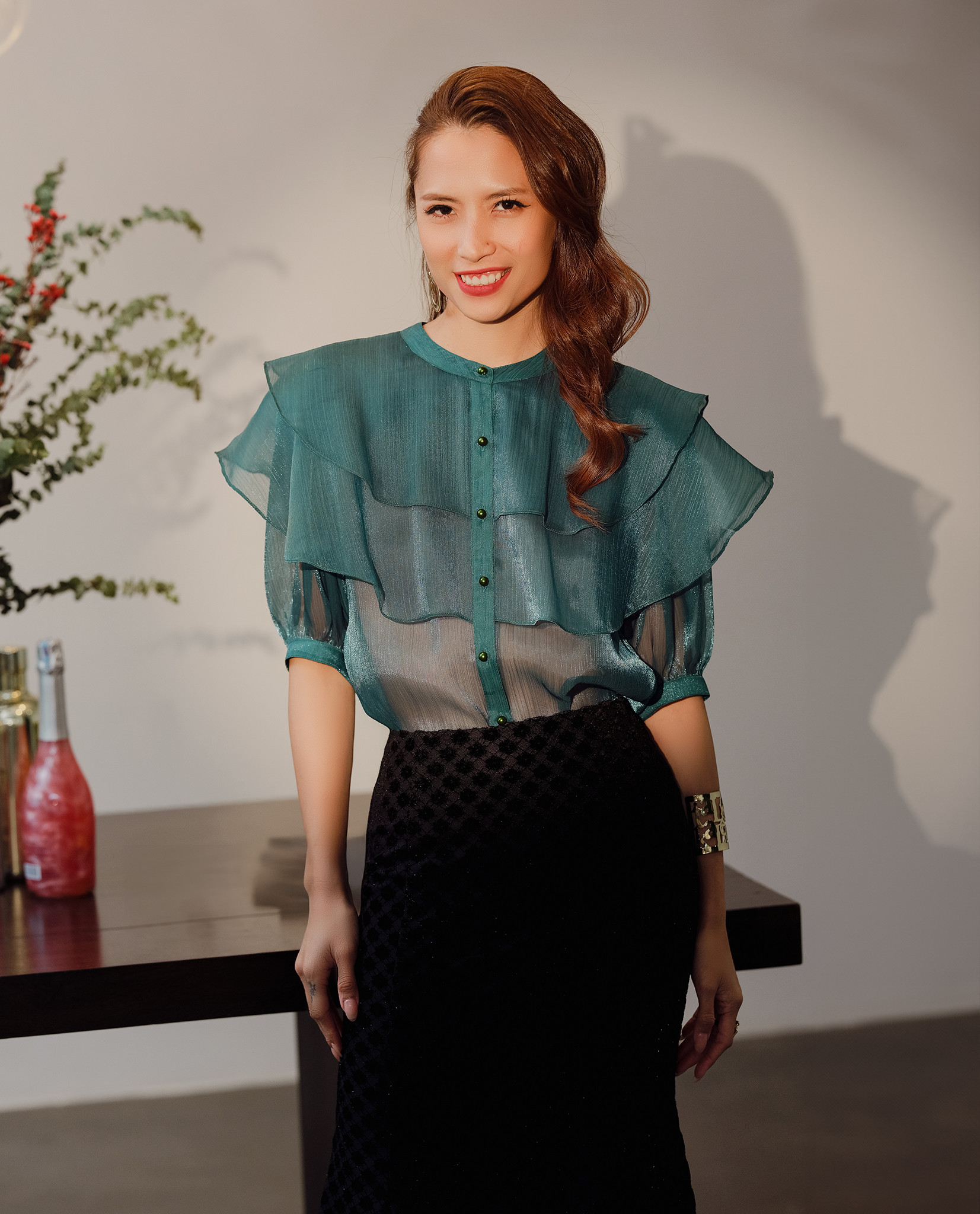Áo organza áo xuyên thấu sheer trang phục đi tiệc xanh emerald | Thời trang bền vững Hity