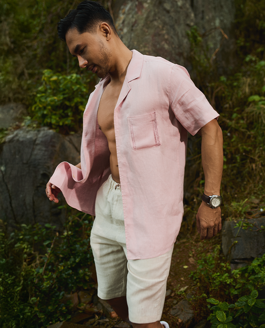 Áo Cổ Cuba Linen Thêu Tay Đào Hoa TOPM04