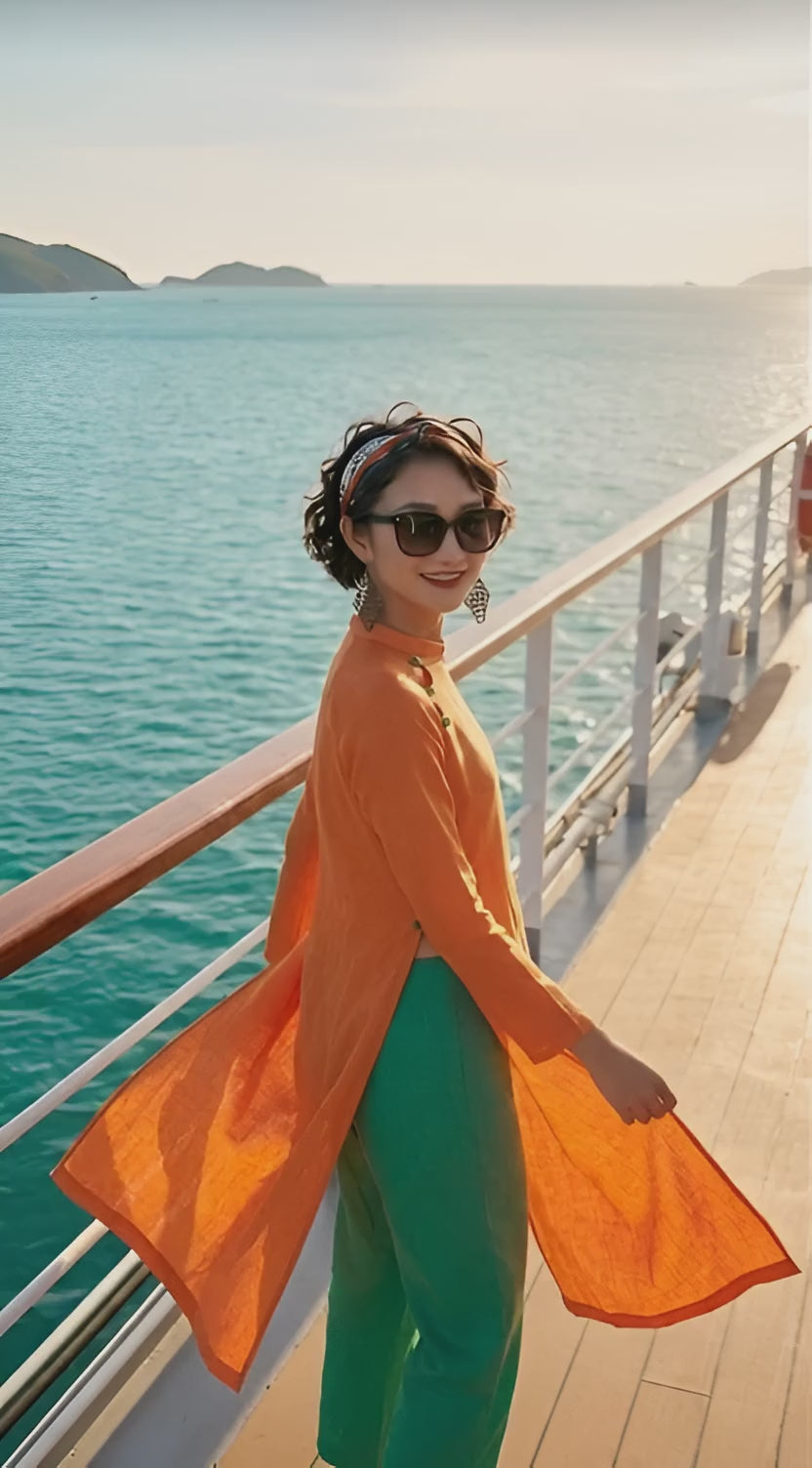 Áo dài suông linen cam thời trang Hity