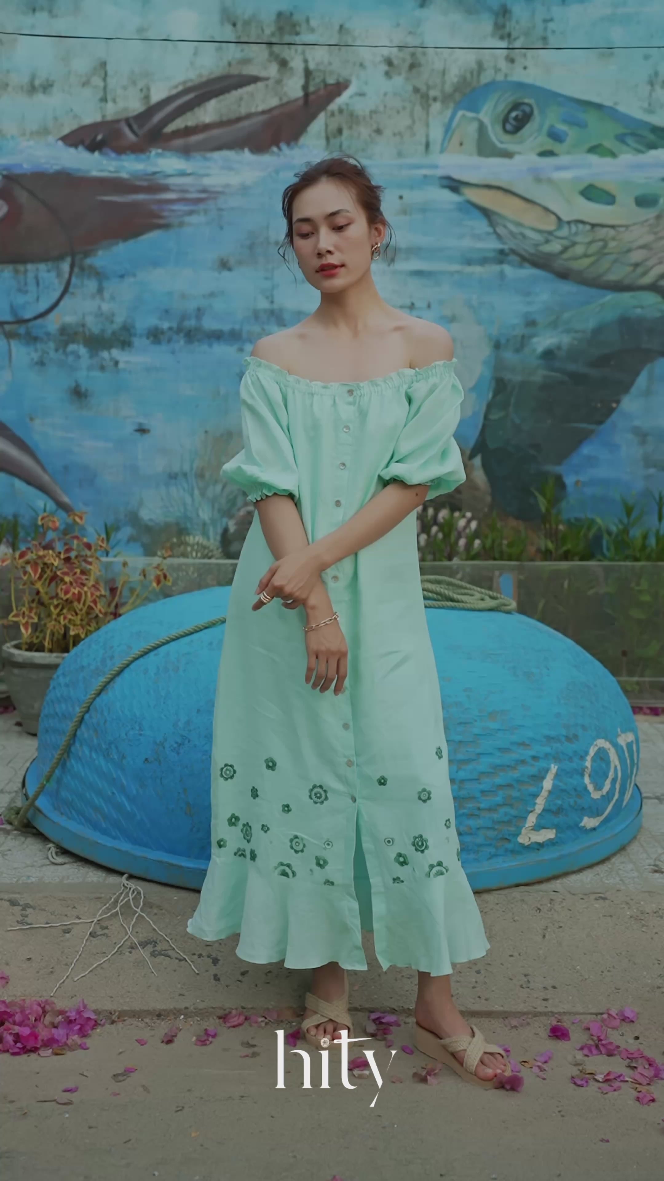 Đầm trễ vai linen thêu tay thời trang Hity