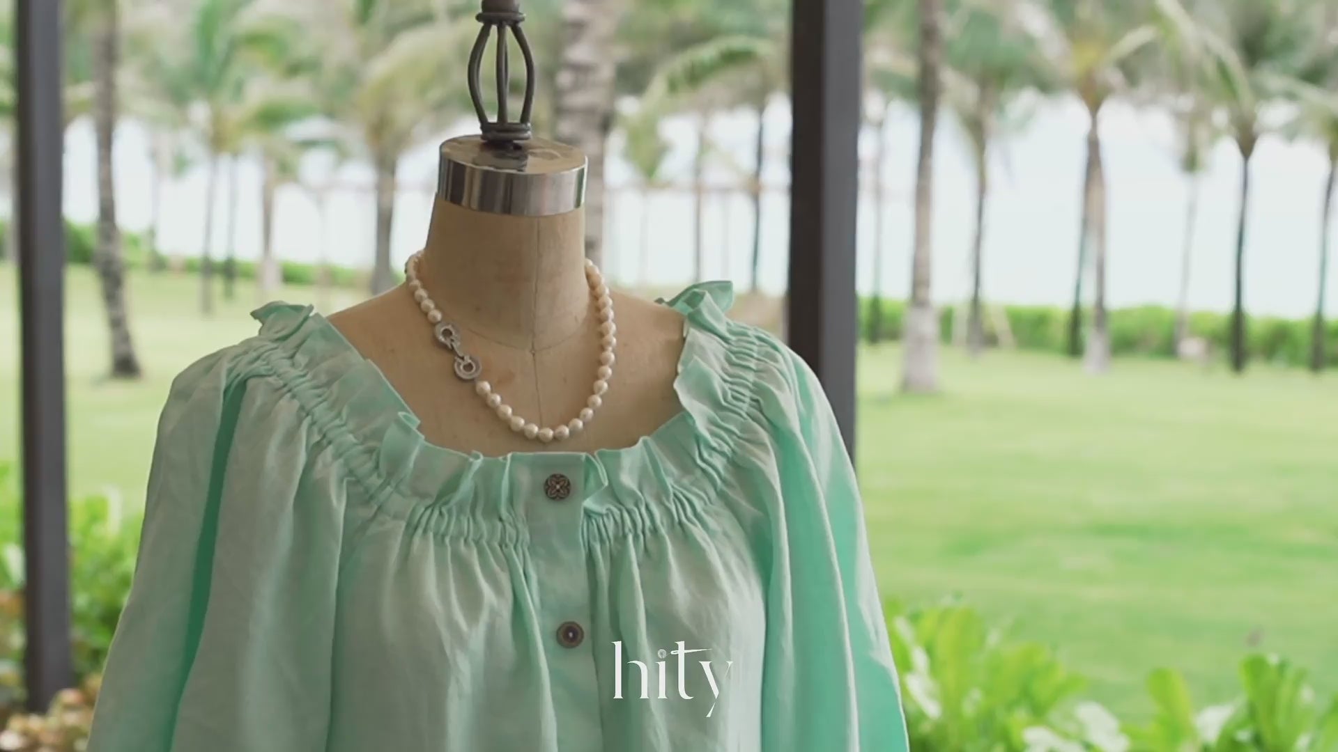 Đầm midi trễ vai linen thêu tay xanh pastel thời trang Hity