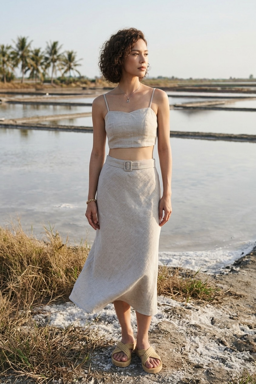 Chân váy midi đuôi cá linen muối tiêu thời trang Hity