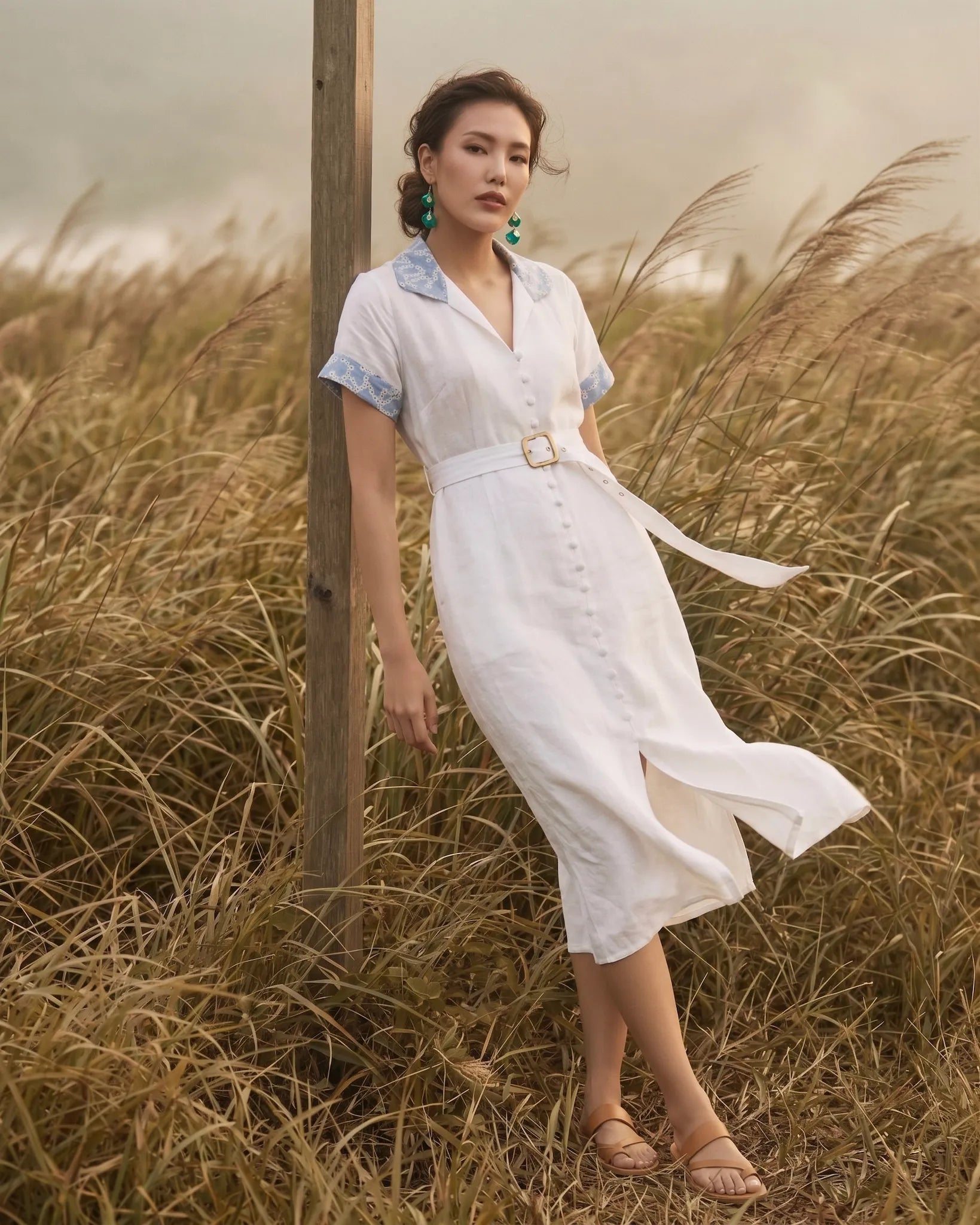 Đầm sơ mi maxi linen trắng phối ren thêu thời trang Hity